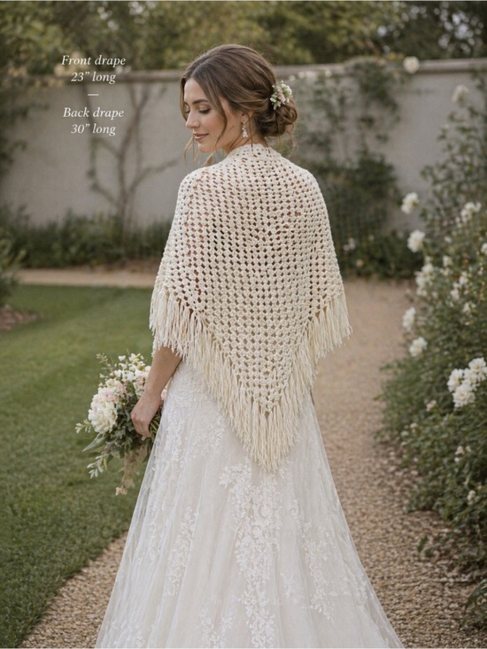 Vintage 70s Cream Crochet Shawl Cape Fringe Boho Cottagecore Bridal Wrap